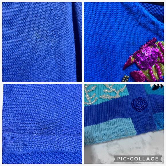 VTG Michael Simon y2k Ocean Aquarium Wearable Art Cardigan Sweater 2X Blue Fish - Picture 12 of 13